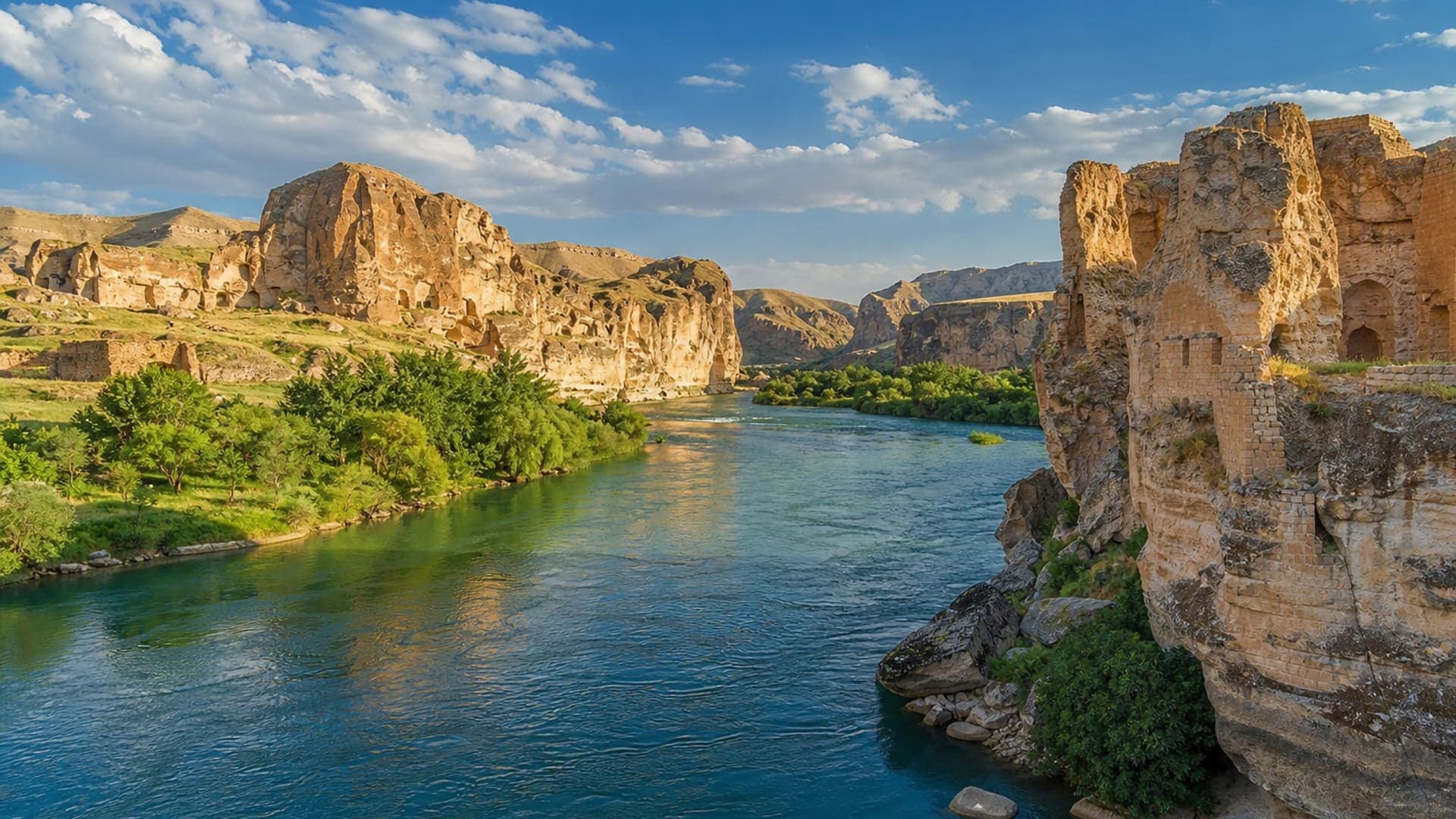 Hasankeyf manzarası — Dicle Nehri ve gündüz gökyüzü